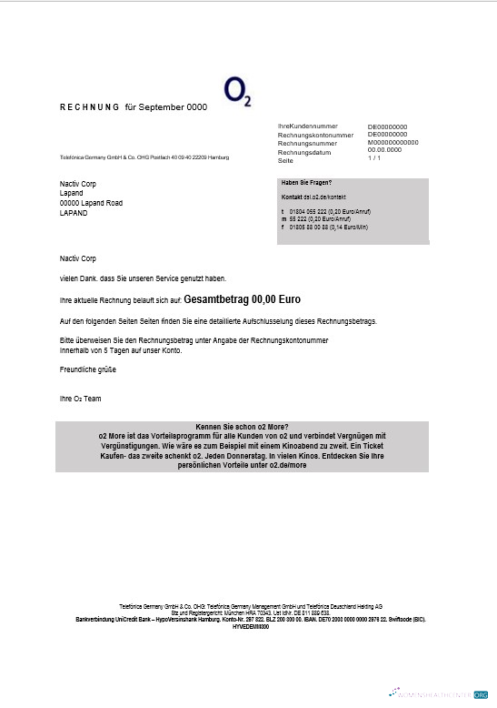 Download Germany RECHNUNG O2 business utility bill template in Word and PDF formats Photoshop template